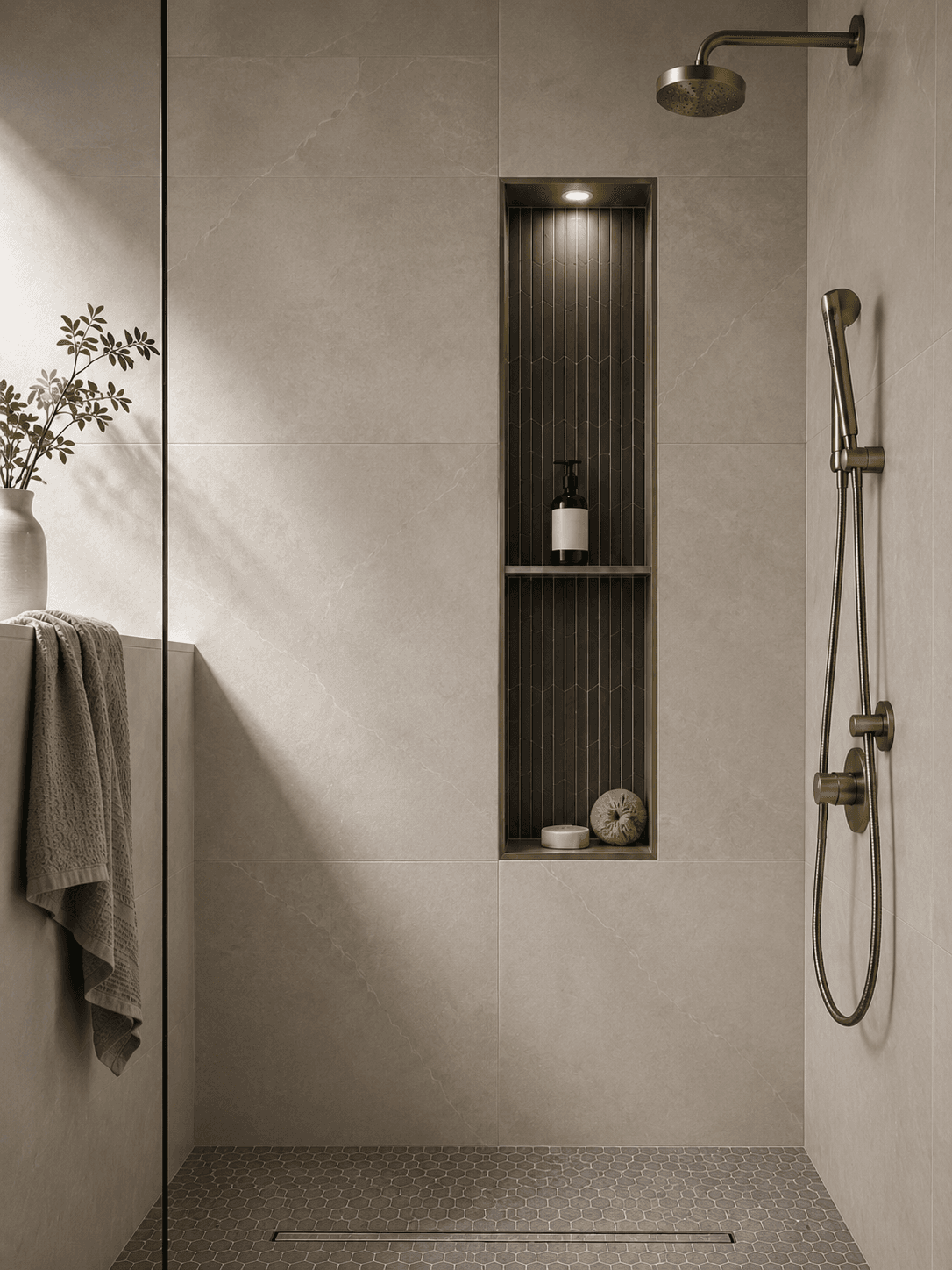Stone shower with a tall dark niche and soft natural light — Bathroom, GUO Architecture