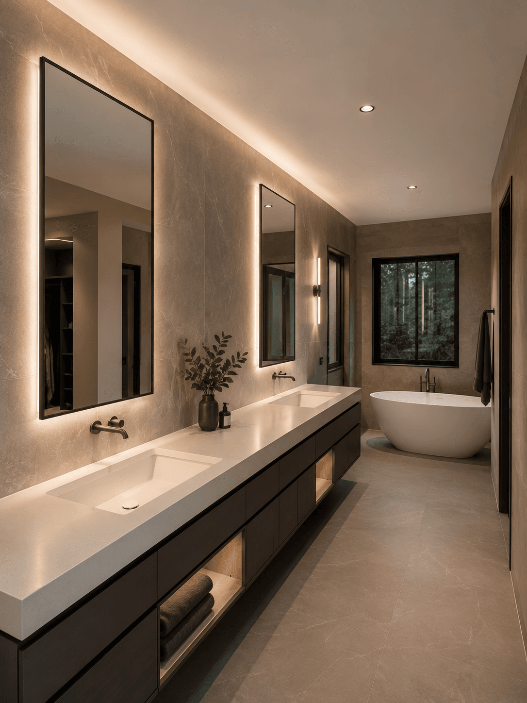 Double vanity with illuminated mirrors and a freestanding bath — Bathroom, GUO Architecture