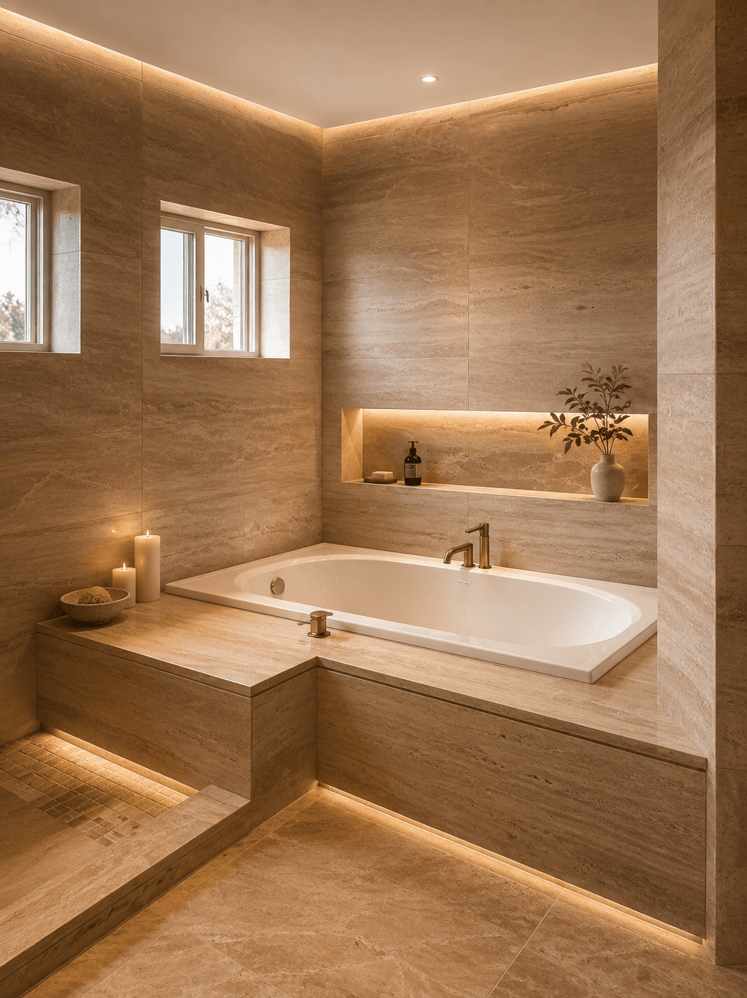 Warm stone bathtub surround and concealed lighting — Bathroom, GUO Architecture