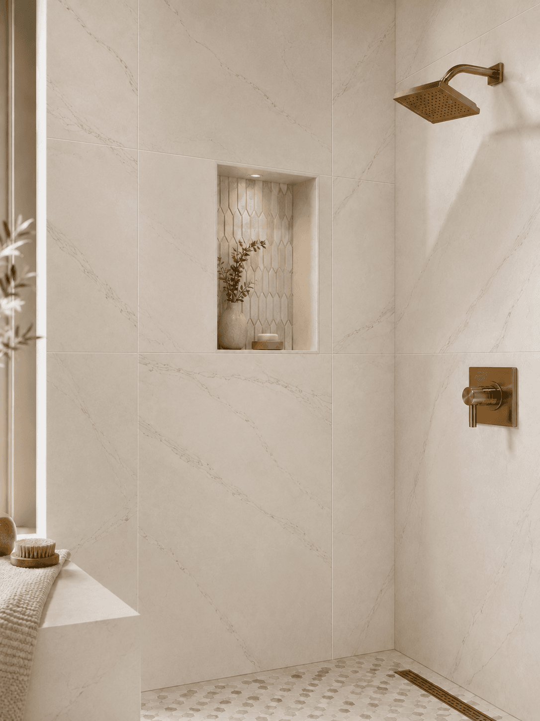 Light stone shower with brass fixtures — Bathroom, GUO Architecture