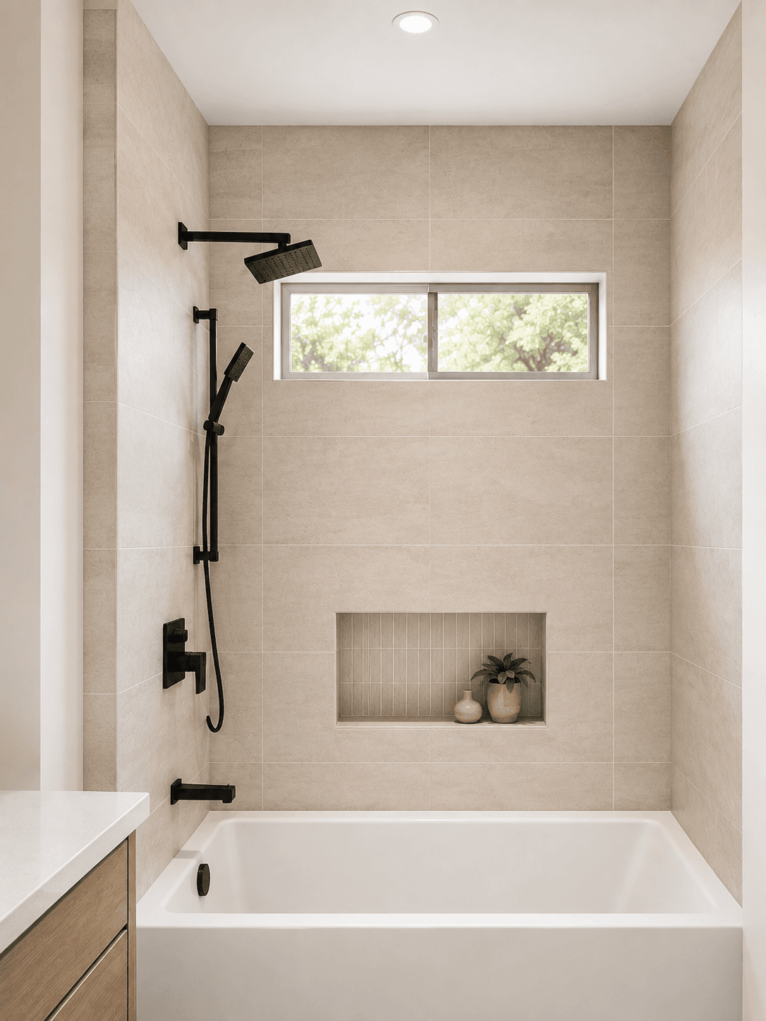 White bathtub below a horizontal window — Bathroom, GUO Architecture