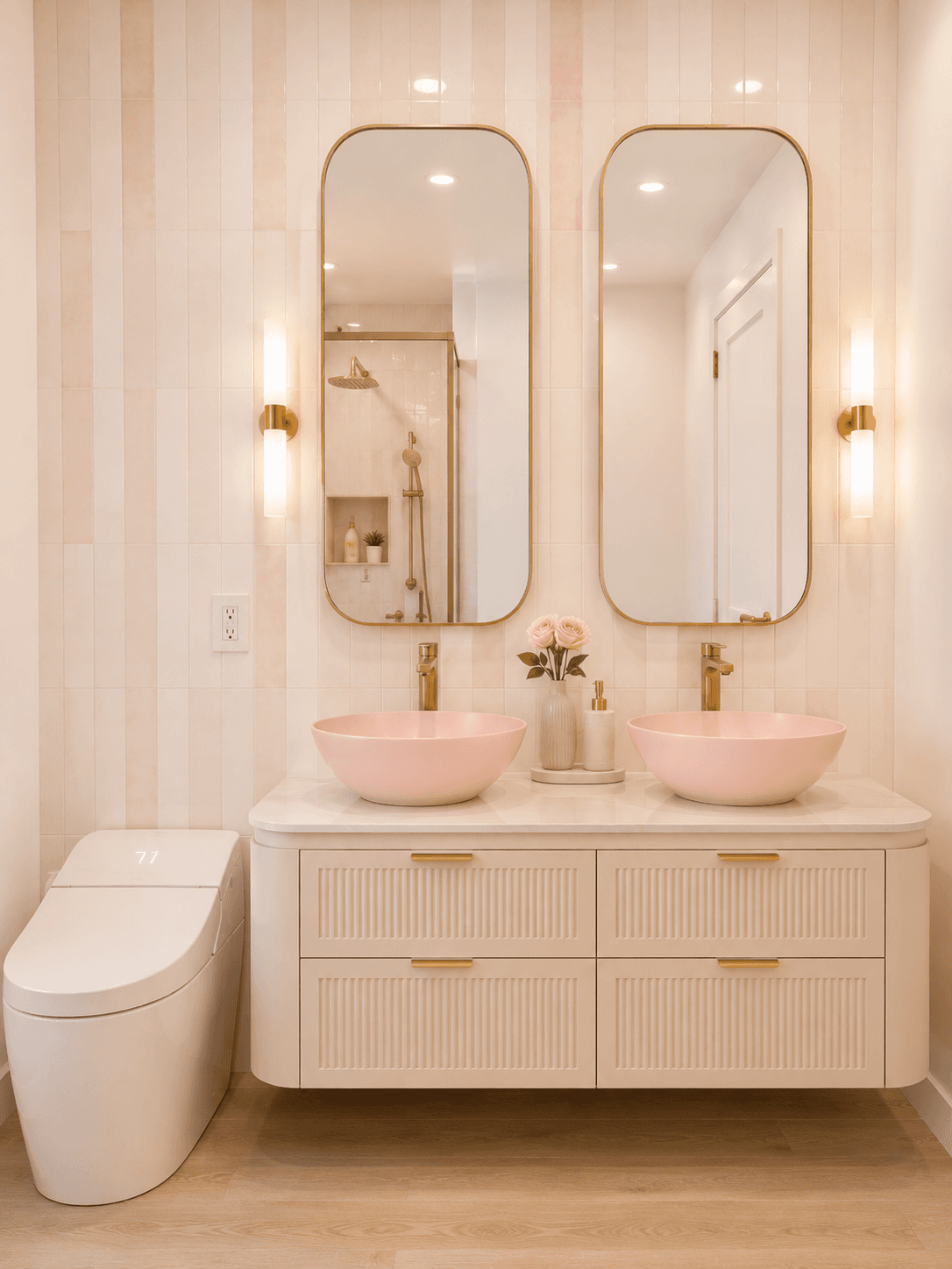 Pink vessel sinks and rounded brass mirrors — Bathroom, GUO Architecture