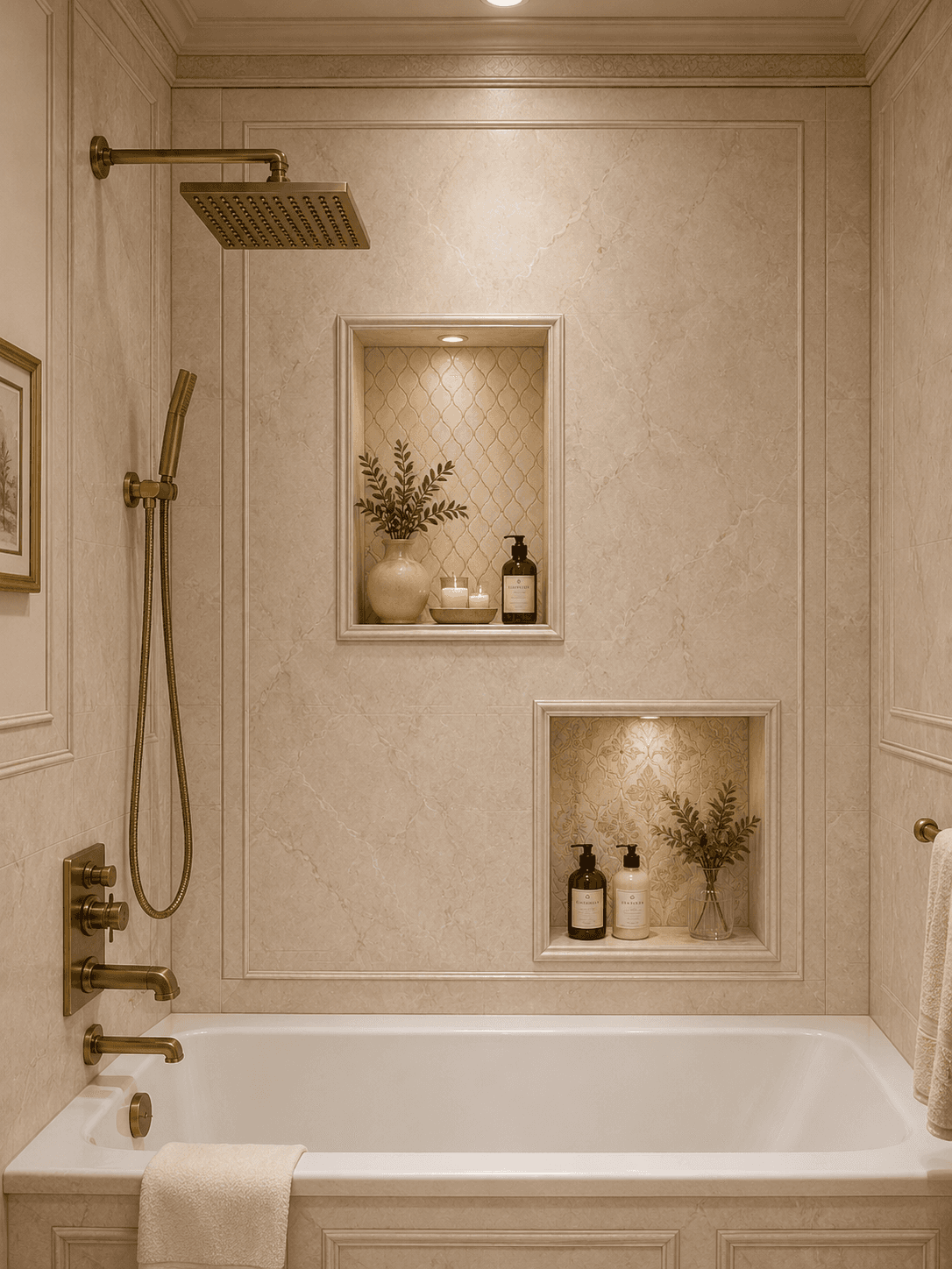 Classic bath with decorative niches and brass fittings — Bathroom, GUO Architecture