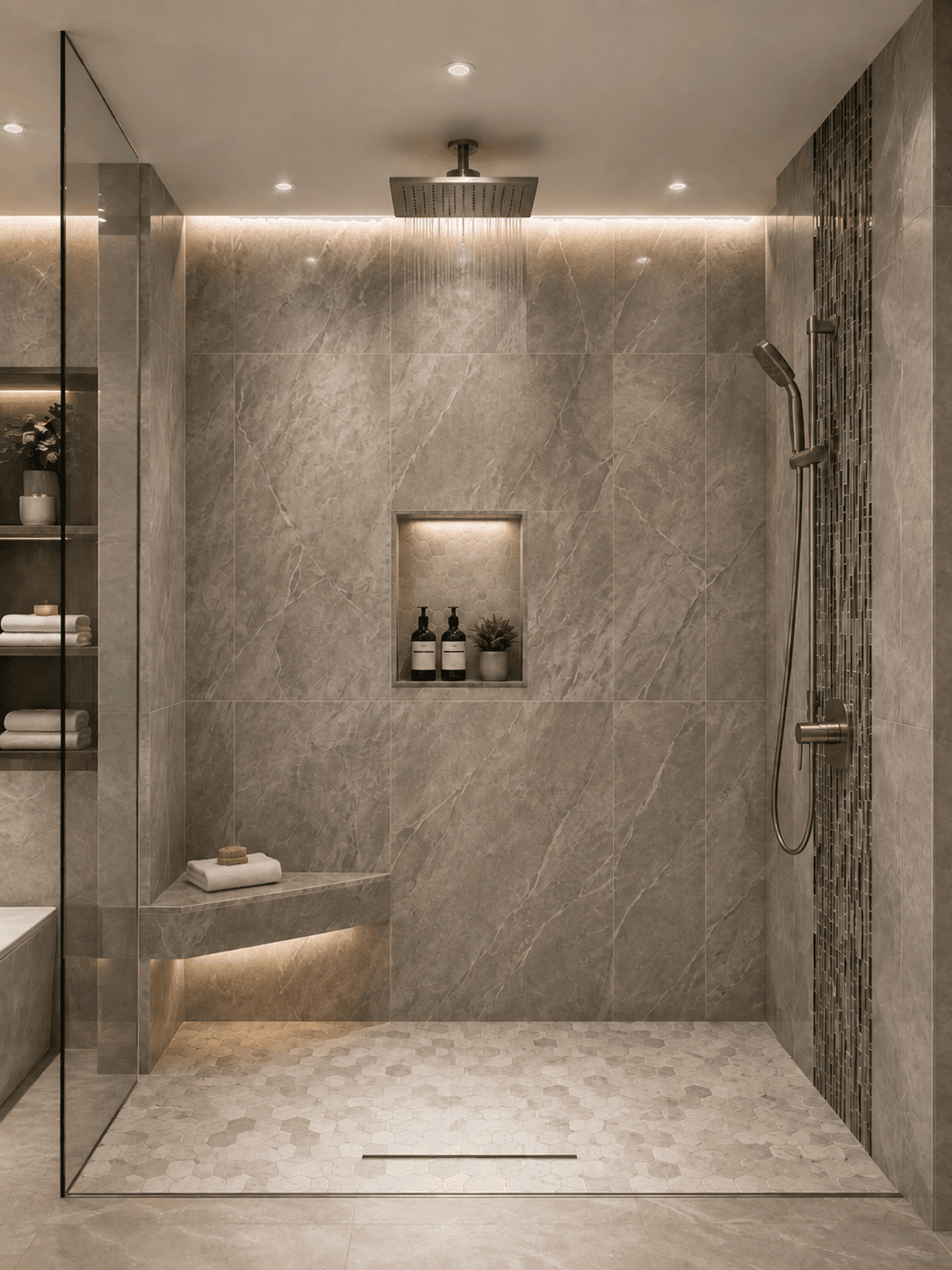 Stone shower with illuminated bench and niche — Bathroom, GUO Architecture