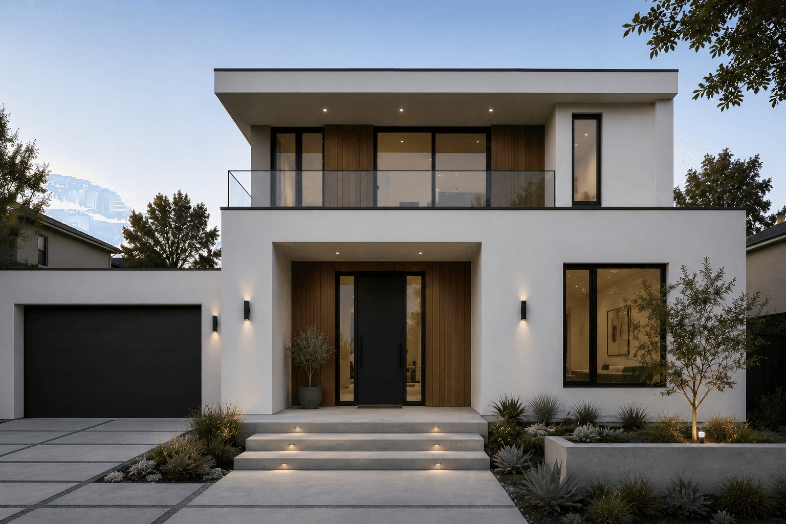 White flat-roof residence with timber accents and a glass balcony — Facade, GUO Architecture