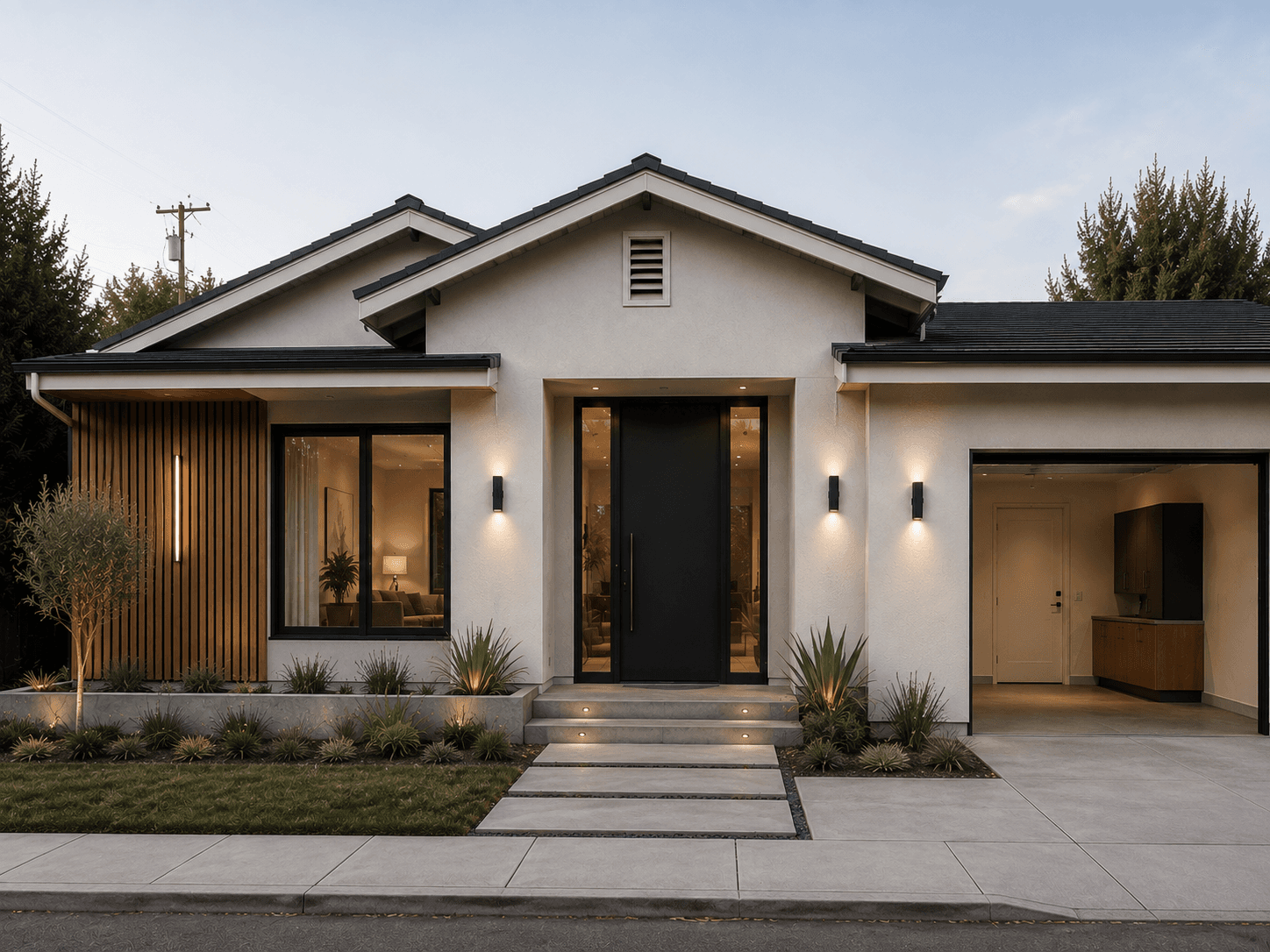 White gabled facade with a vertical timber screen — Facade, GUO Architecture