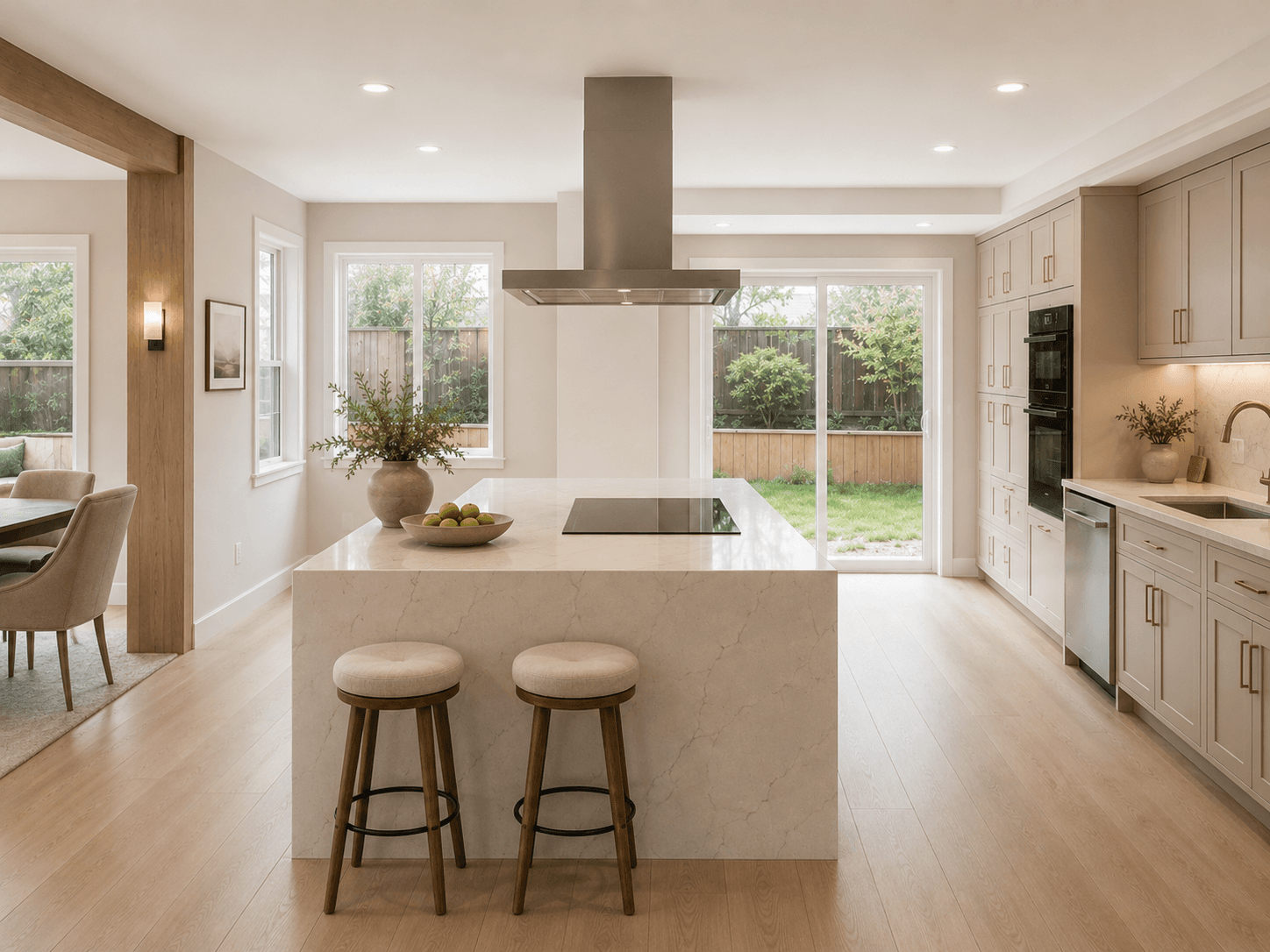 White kitchen with a stone island and garden views — Kitchen, GUO Architecture