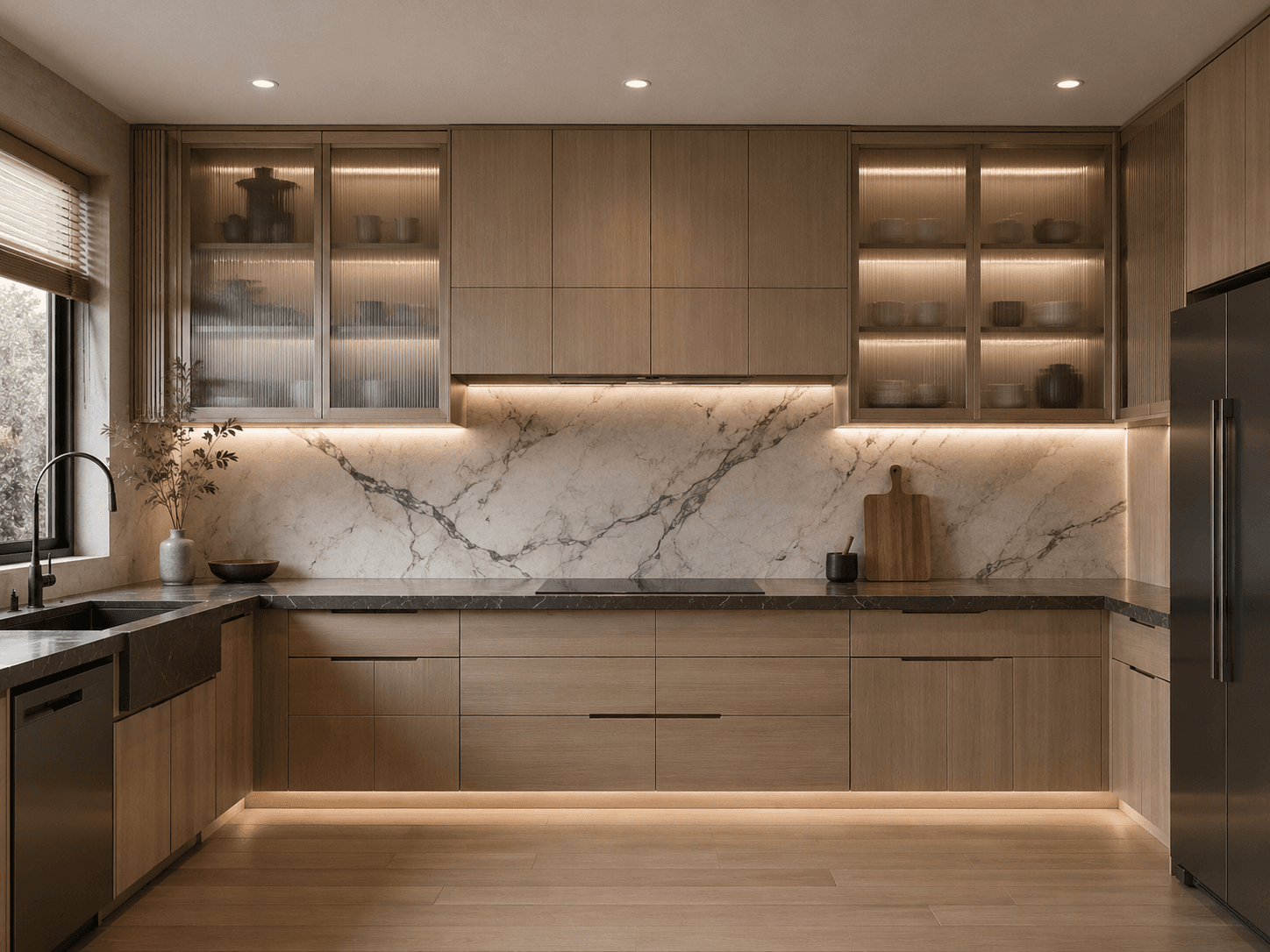 Timber kitchen with illuminated glass cabinetry — Kitchen, GUO Architecture