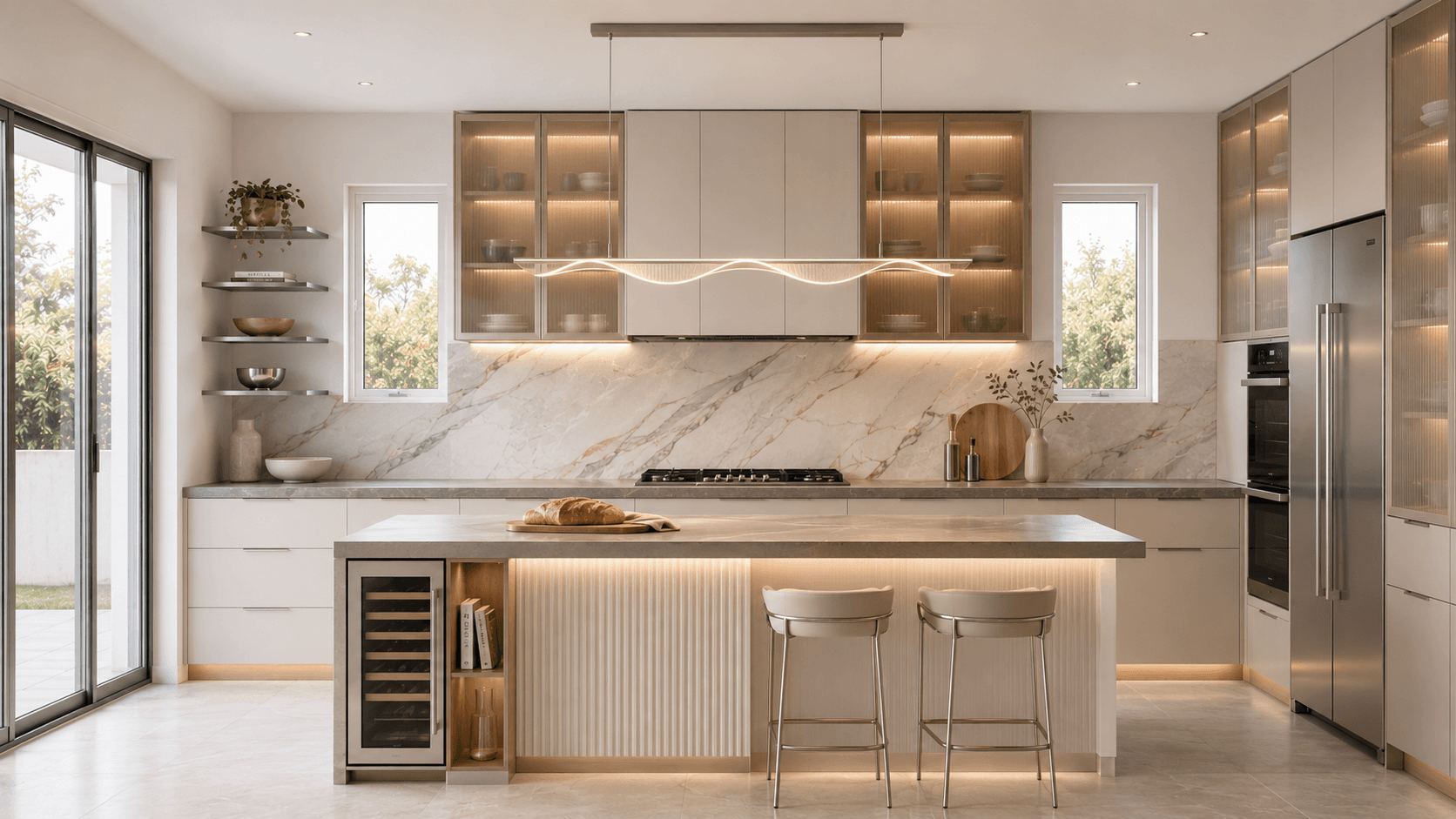 Bright kitchen with a sculptural wave pendant — Kitchen, GUO Architecture