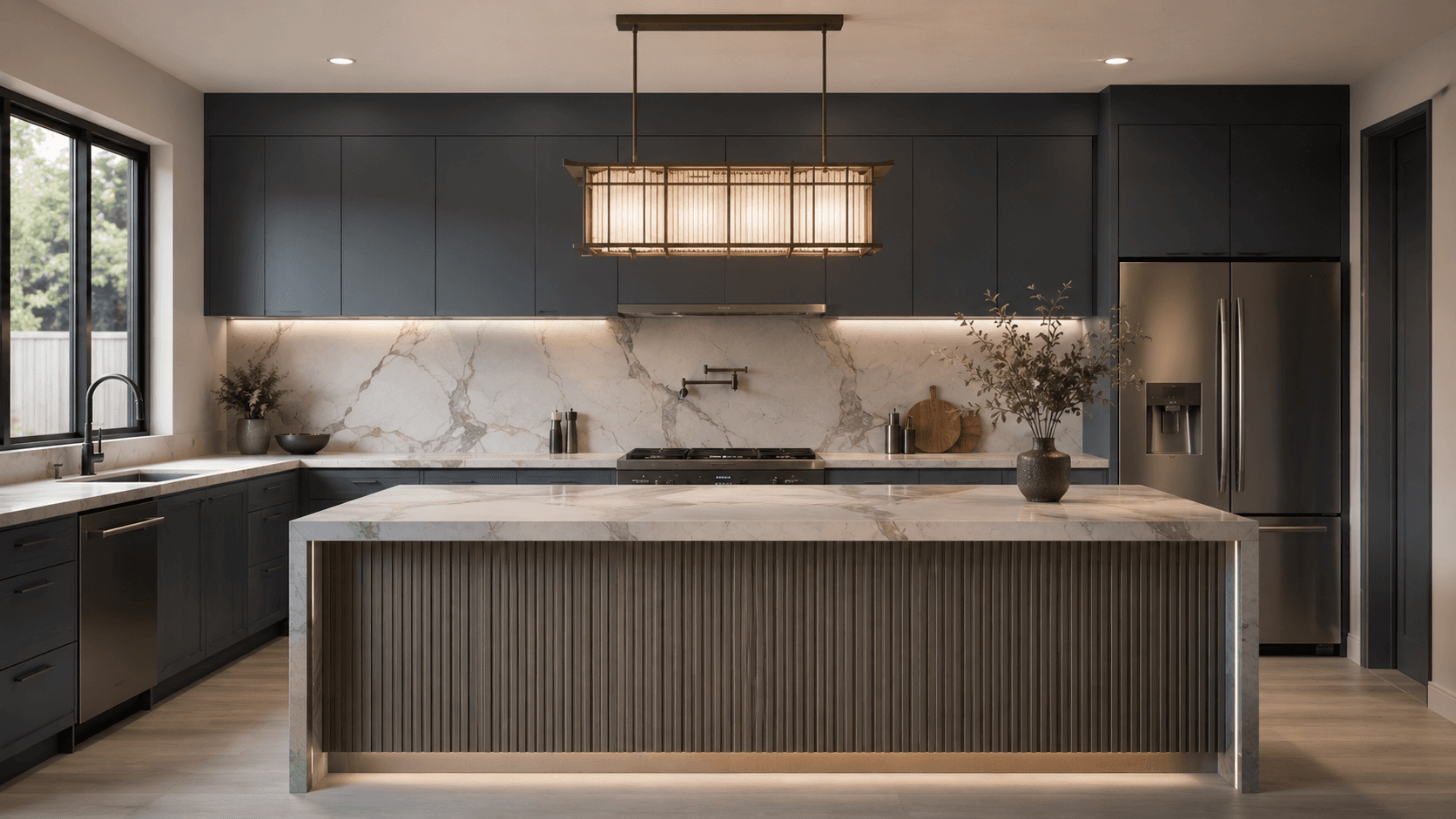 Dark kitchen with a fluted island and lantern pendant — Kitchen, GUO Architecture