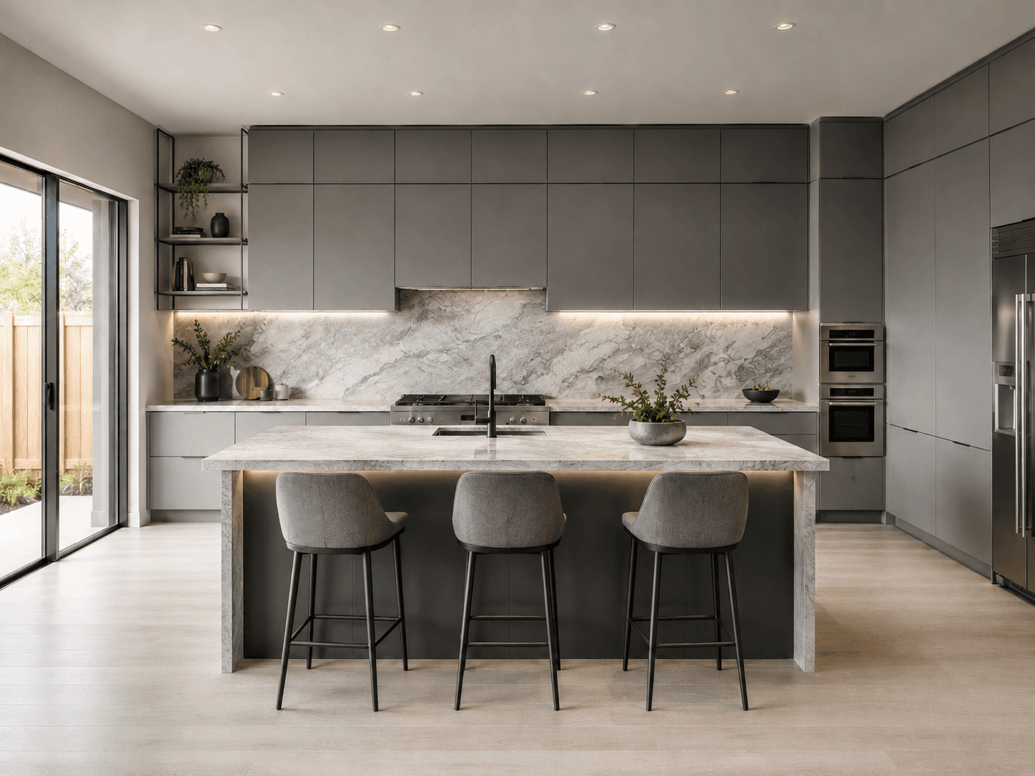 Gray kitchen with a stone island and three stools — Kitchen, GUO Architecture