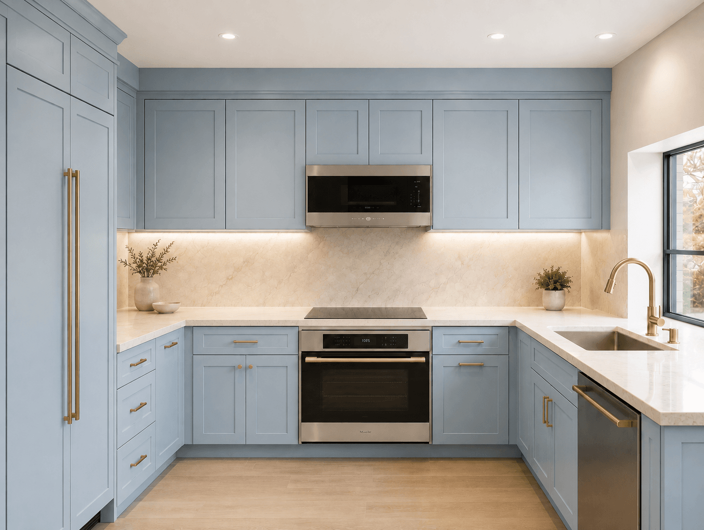 Blue kitchen cabinetry with brass handles — Kitchen, GUO Architecture