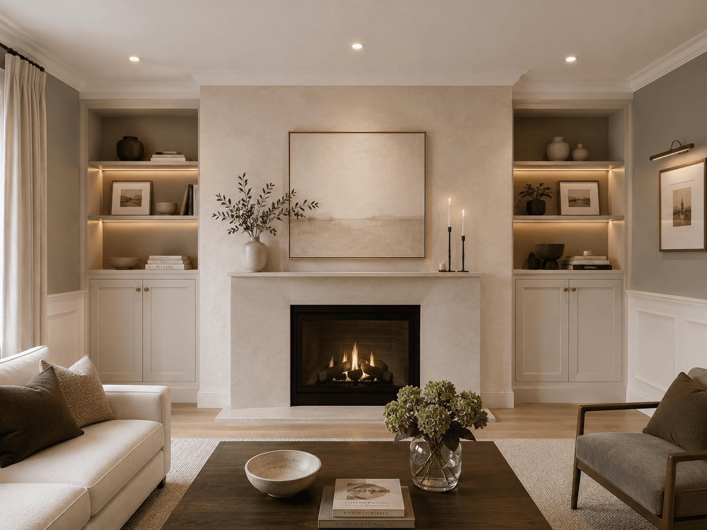 Living room with a fireplace and built-in shelving — Living Room, GUO Architecture