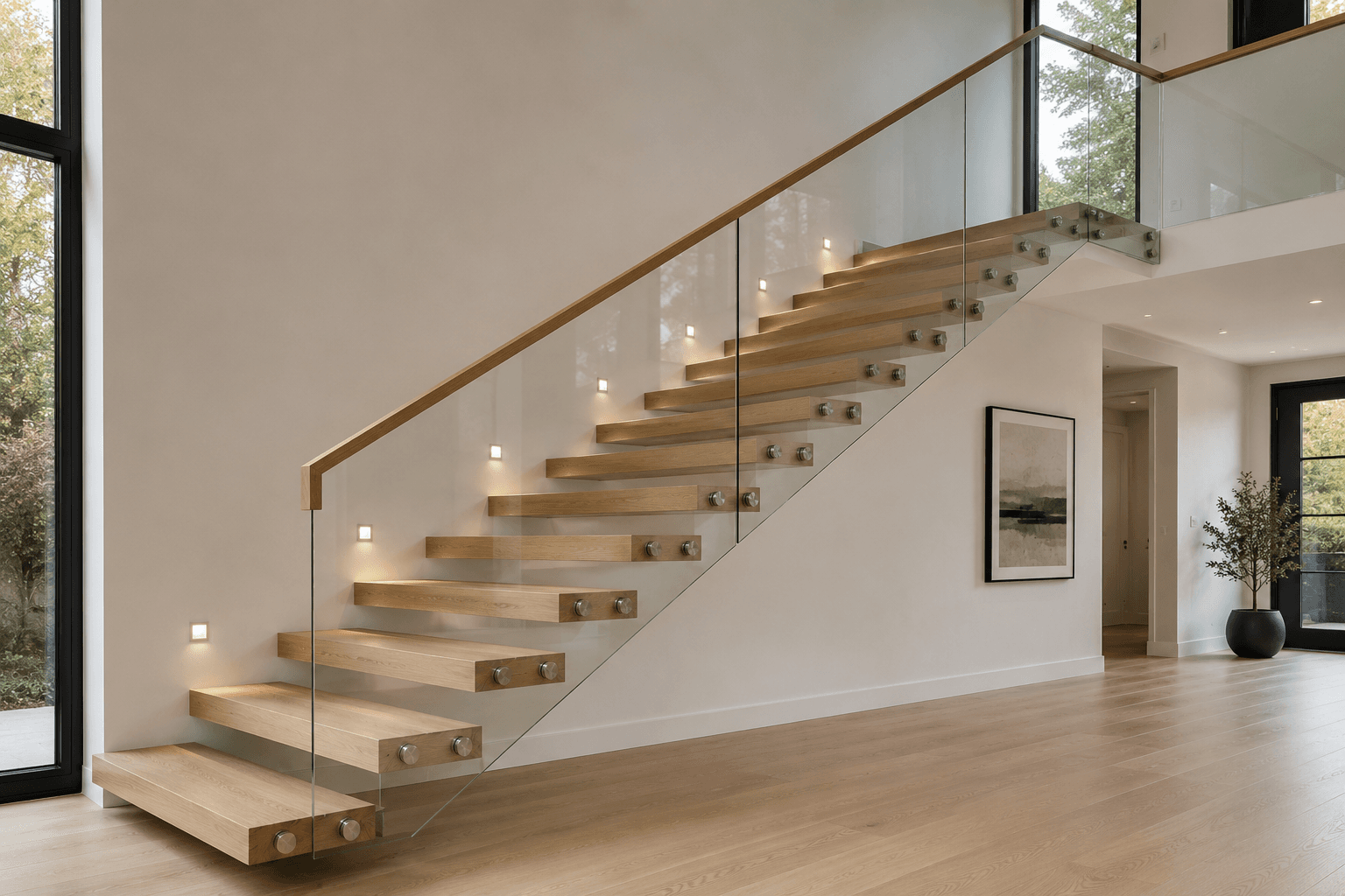 Floating timber staircase with a glass balustrade — Stairs, GUO Architecture