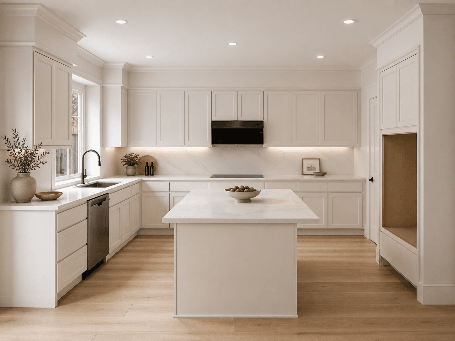 White paneled kitchen with a central island — Kitchen, GUO Architecture